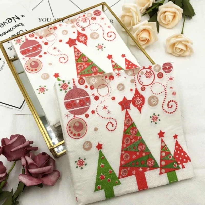 Christmas Tree Colorful Printed Napkins Square Paper Napkins Restaurant Folded Facial Tissues Party Wine Glasses Paper Flowers