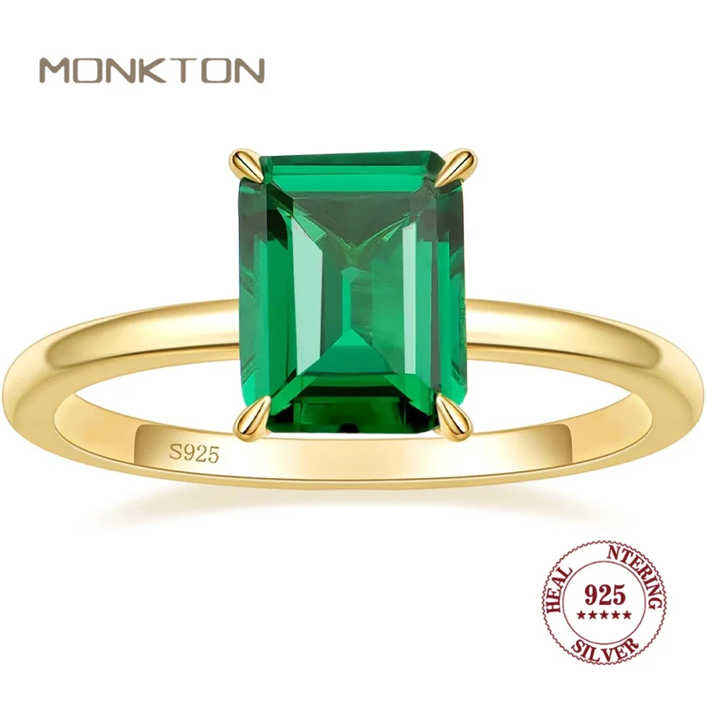 Monkton 100% 925 Sterling Silver Engagement Rings for Women 3CT Solitaire Created Green Emerald Wedding Band Promise Jewelry