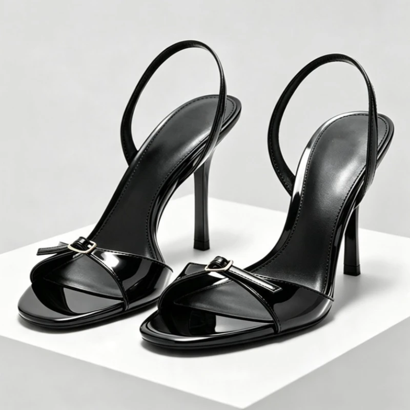 Metal Belt Buckle Detail Patent Leather Heeled Sandals Women Summer Open-toe Back Strap High Heels Elegant Office Formal Shoes