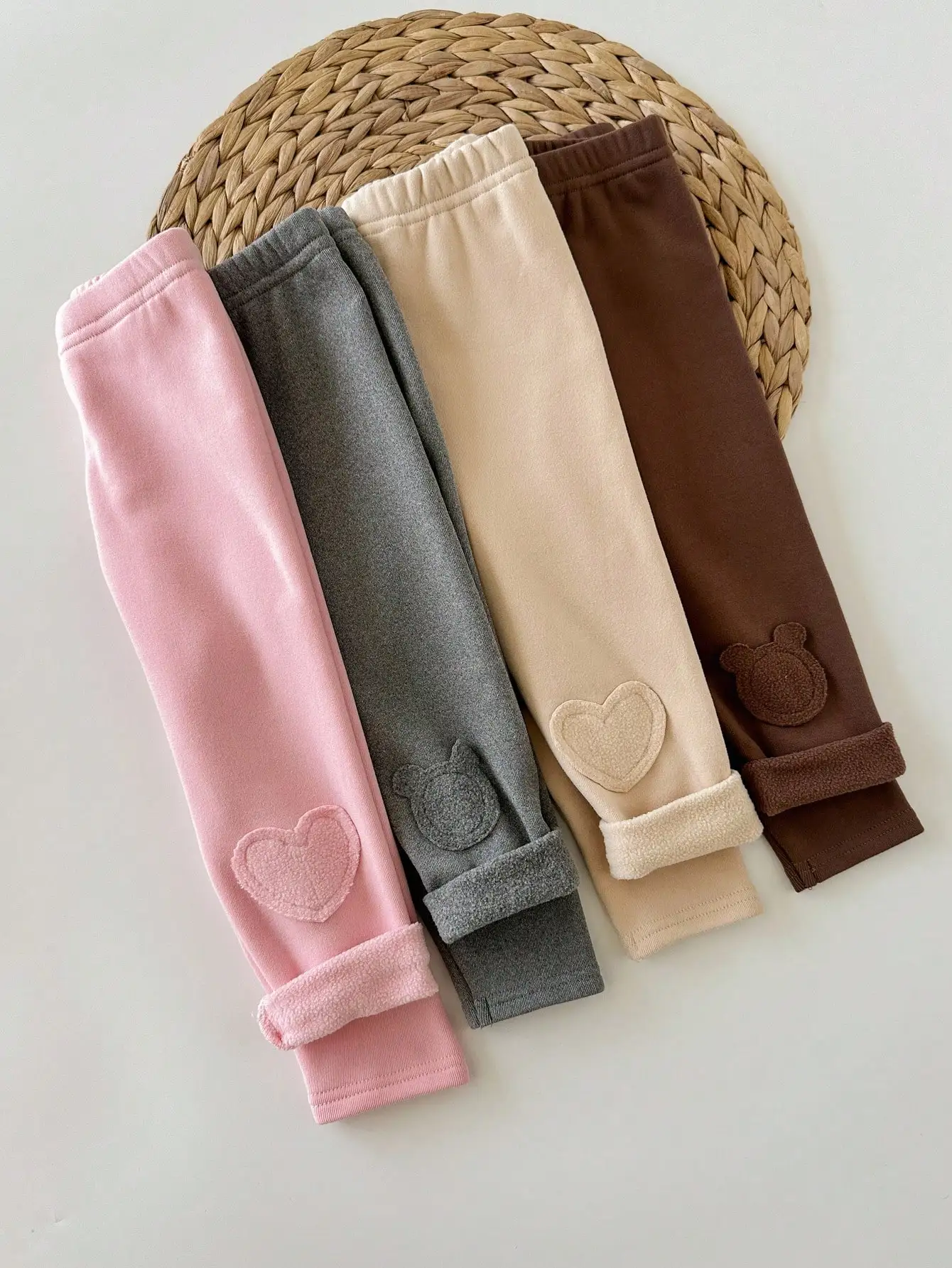 

4-Pack Soft Knit Baby Leggings with Heart & Bear Appliqué, Cuffed Hems, Autumn Winter Wear