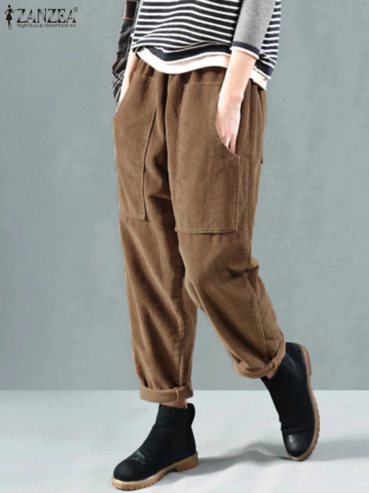 ZANZEA Autumn Women Elastic Waist Corduroy Pants Solid Harem Pants Vintage Long Trousers Pantalon Casual Loose Turnip Palazzo