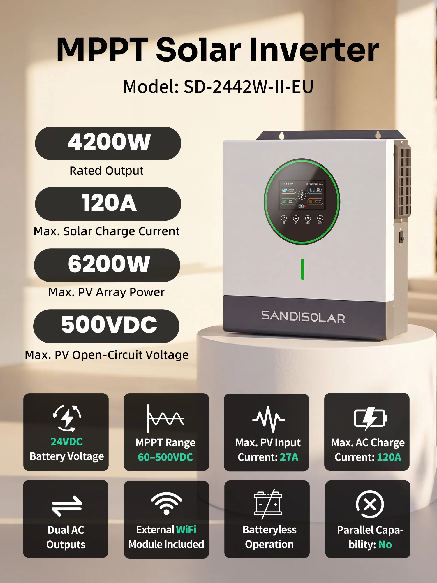 SANDISOLAR 11KW 48V 6.2KW 48V 4.2KW 24V Solar-Hybrid-Wechselrichter 48V 230V Dual MPPT 500VDC Eingang 160A Ladestrom Reine Sinuswelle Notstromlösung