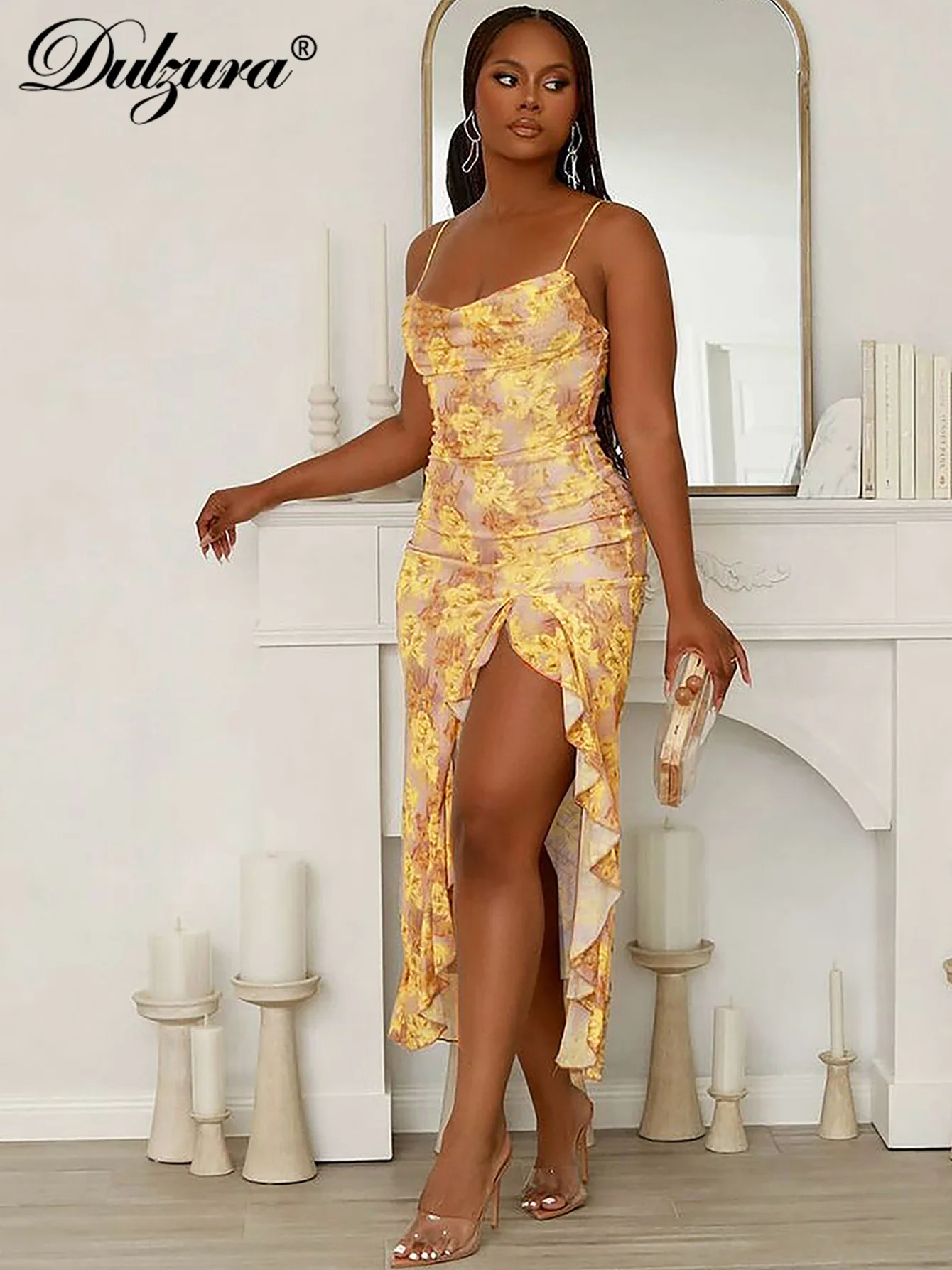 Dulzura 민소매 백리스 슬림 사이드 슬릿 프릴 프린트 캐미 맥시 드레스 섹시한 우아한 캐주얼 롱 드레스 파티 클럽 스트리트 의상