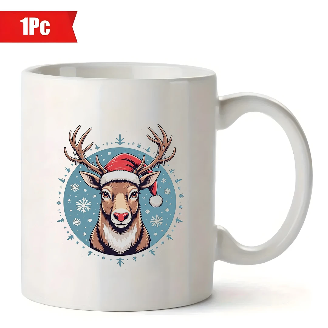 Taza de 11 oz + pegatina de sombrero de Navidad de reno de dibujos animados + regalo de Navidad - Taza para niños Taza de café de oficina familiar