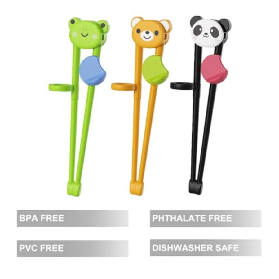 3 Pairs Animal Toddler Training Chopsticks for,Reusable Beginners Learning Chopsticks with Silicone Finger Guide, Frog, Bear an