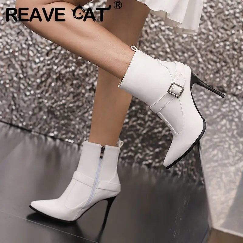 

REAVE CAT Sexy Women Ankle Boots Pointed Toe Stiletto 10CM Zipper Belt Buckle Plus Size 48 49 50 Fashion Party Female Shoes 33