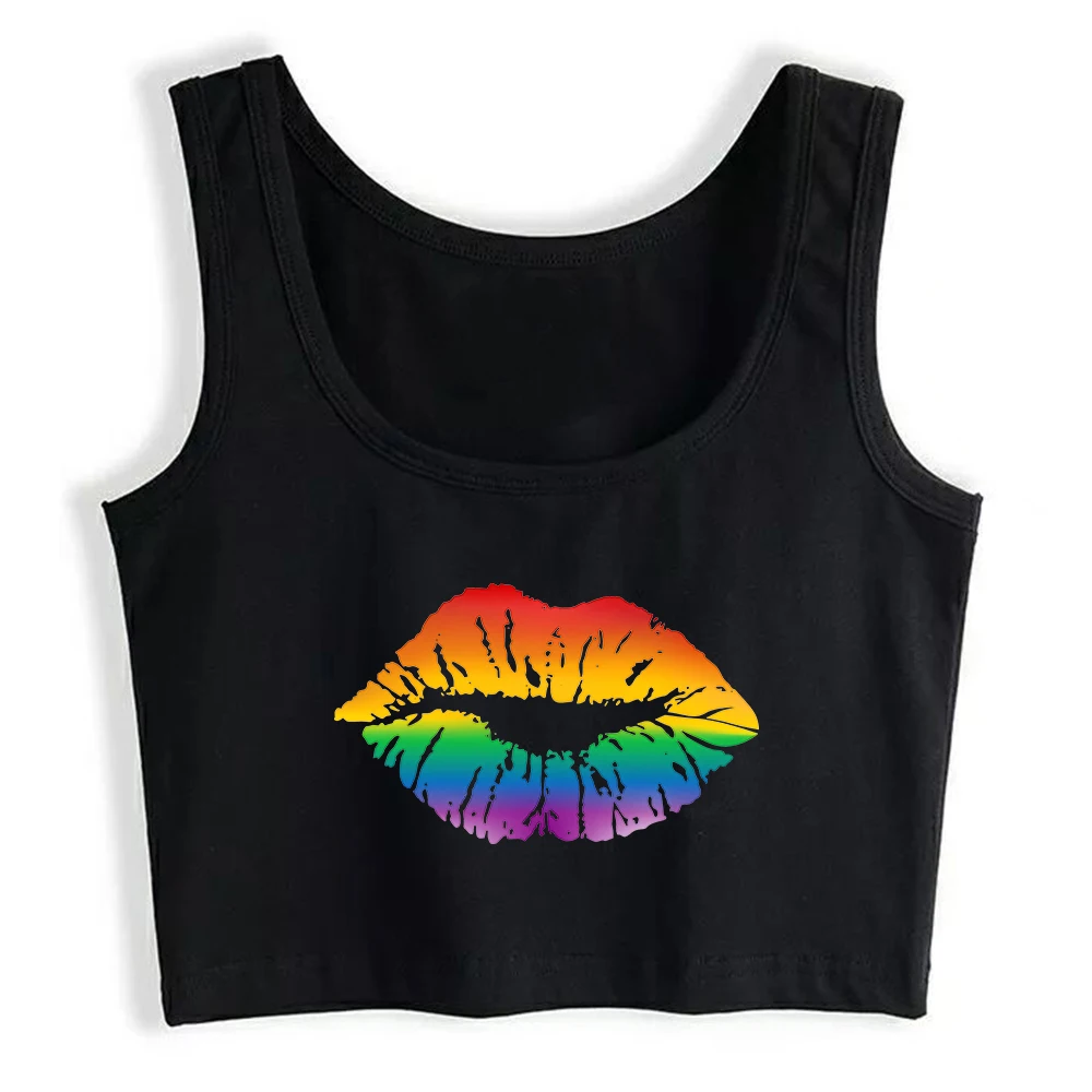 LGBT Rainbow Lips Graphical Sexy Slim Fit Crop Top Happy Gay Pride LGBTQ Kiss Design Cotton Tank Top Girl's Naughty Camisole