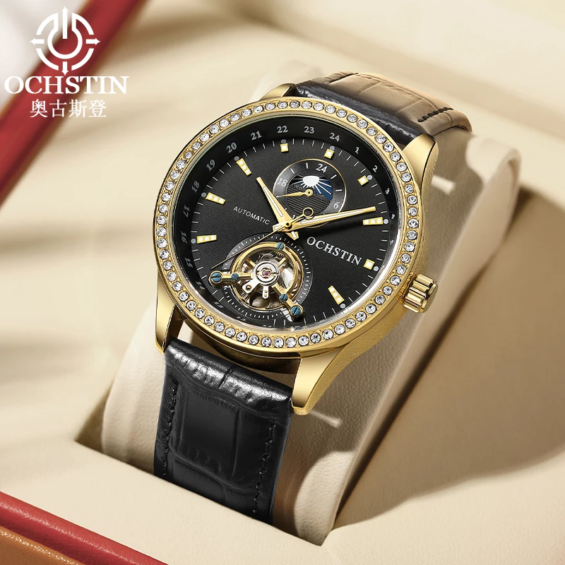 OCHSTIN Automatic Mechanical Men Watch Tourbillon Open Heart Luxury Iced Out Golden Case AM PM 24h Dial Leather Strap Male Dress