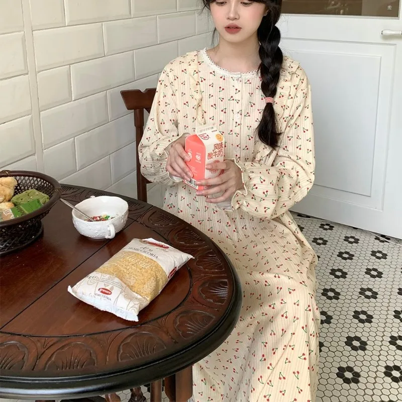 Cherry Print Women Nightgown Lace Sleepwear O-neck Nightwear Korean Fashion Night Dress Long Sleeve Autumn One Piece Pajamas New