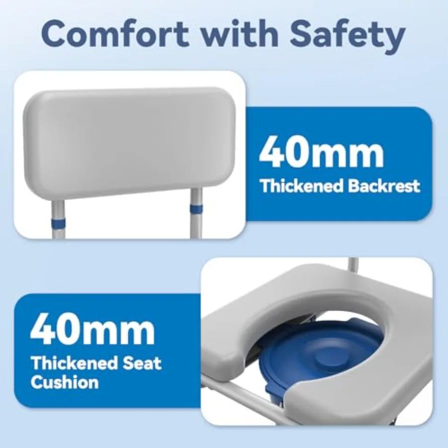 Drop Arm Bedside Commode Commode with Padded Seat and Backrest 500lbs Capacity 5.81QT Removable Bucket Adjustable Height Portab