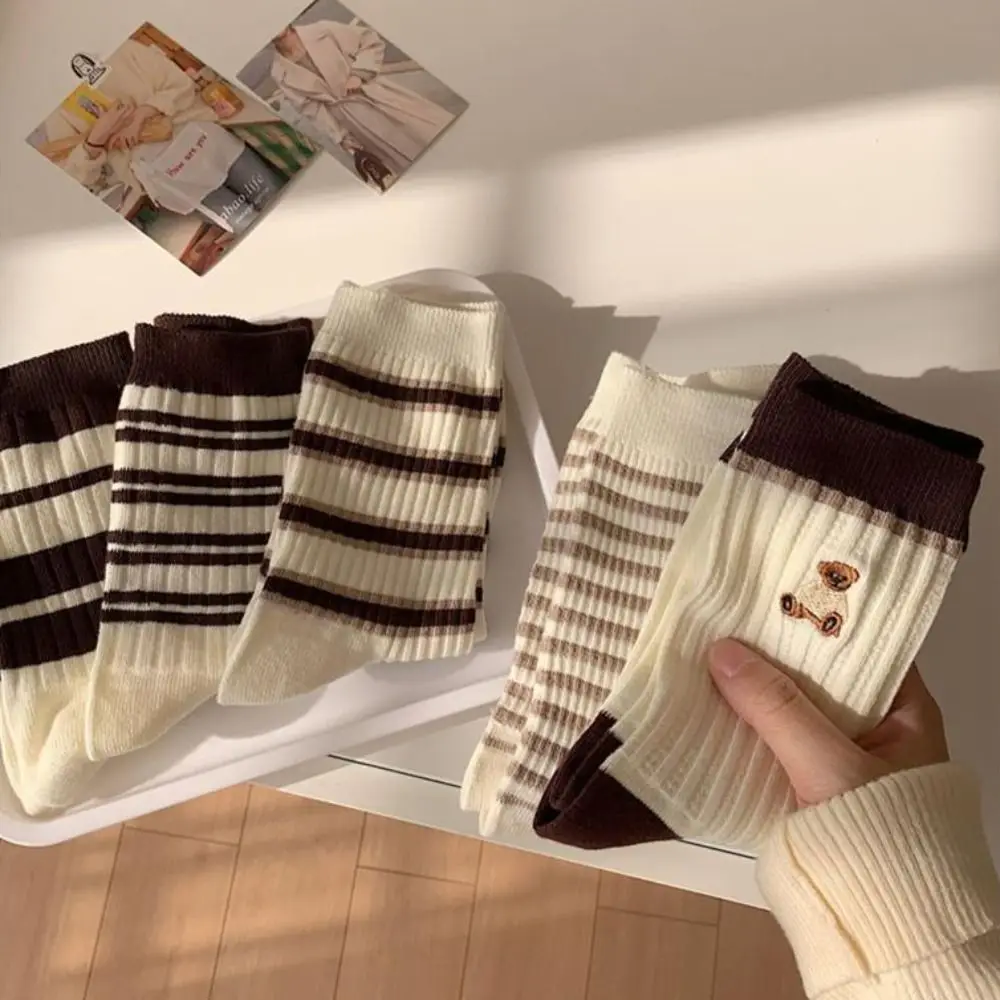 الرجعية القطن جوارب مخططة طبقة مزدوجة محبوك الأوسط جوارب أنبوبية سميكة النمط الياباني مترهل الجوارب للنساء الفتيات #1
