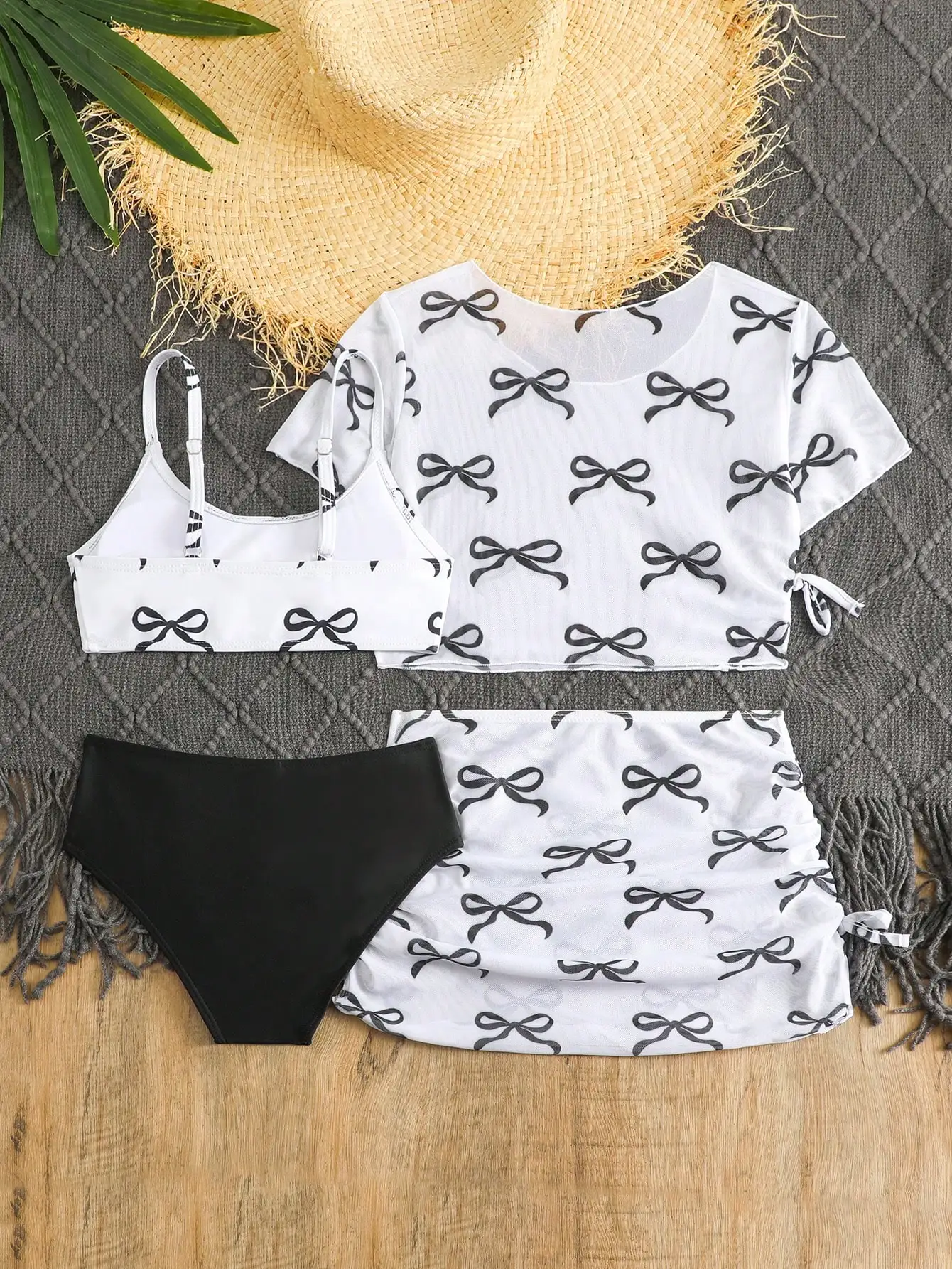 

Women 3 Piece Bikini Set With Bow Print Cover-Up Skirt