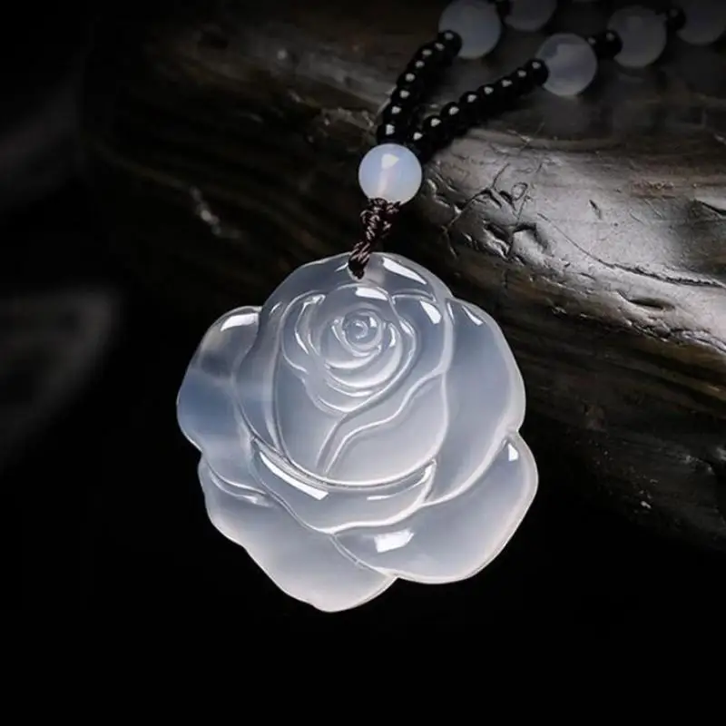 Natural White Jade Flower Necklace Women Fine Jewelry Myanmar Jadeite Grade A Burma Jade Rose Flower Pendant Sweater Chain