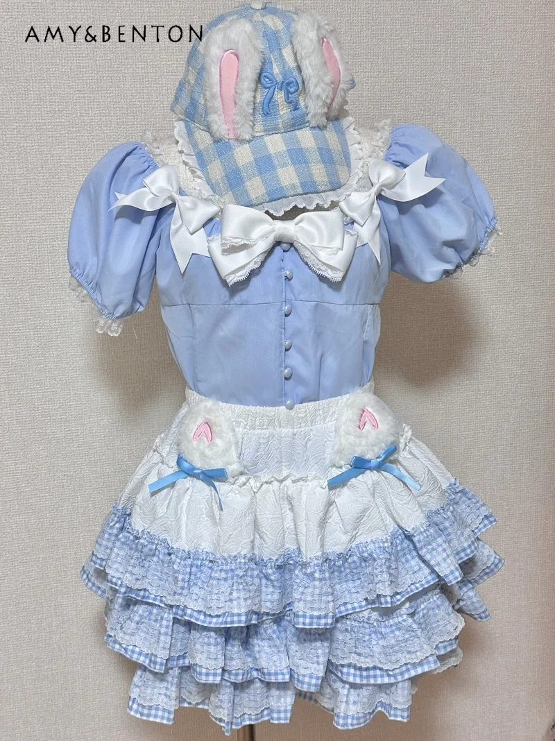 Japanese Anime Girl Lolita Outfit Evening Dresses Sweet Bowknot Puff Sleeve Shirt Patchwork Color Multi-layer Mini Puffy Skirt