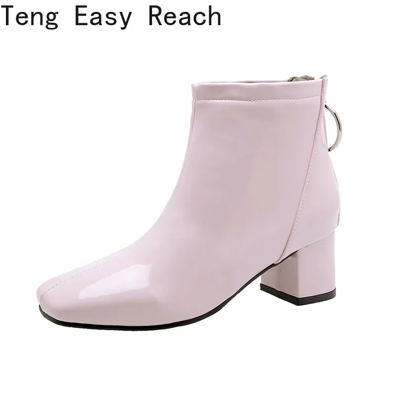 The New Patent Leather Ankle Boots Women Winter Autumn Square High Heel Zipper Boots Round Toe Woman Shoes White Red Black Pink