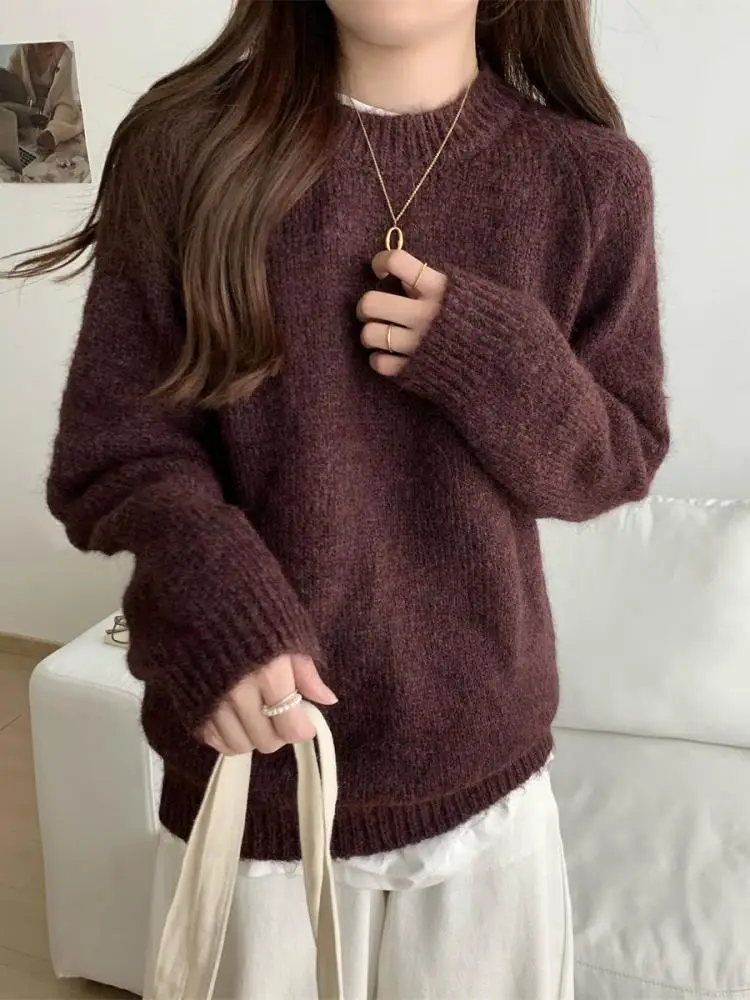 

Korean Fashion Women's Beige Khaki Round Neck Long Sleeves Pullover Sweater Autumn Winter Grey Slim Office Short Knitted Tops