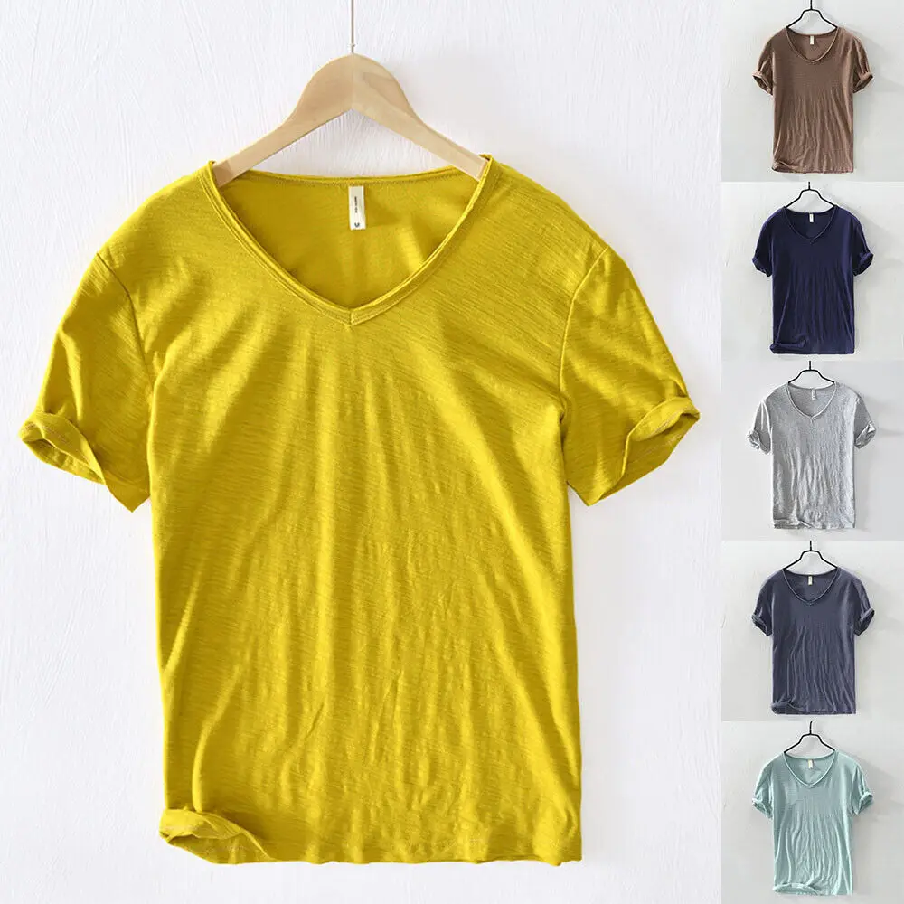 Casual Solid Color Cotton Thin Breathable Slim Fitting Short Sleeved T-Shirt Bottom Men