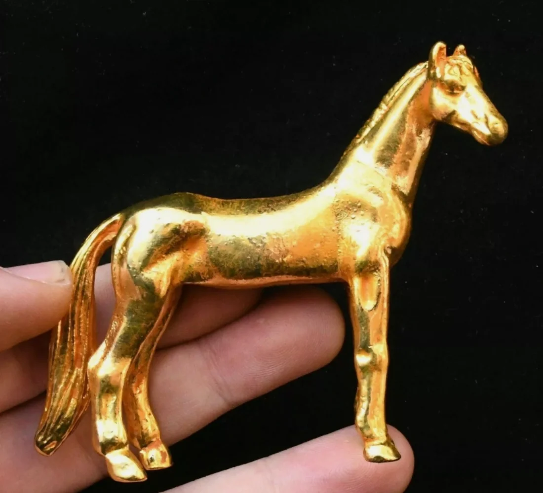 3.1''Old China Dynasty Bronze Gilt Zodiac Year Animal Horse Statue Sculpture