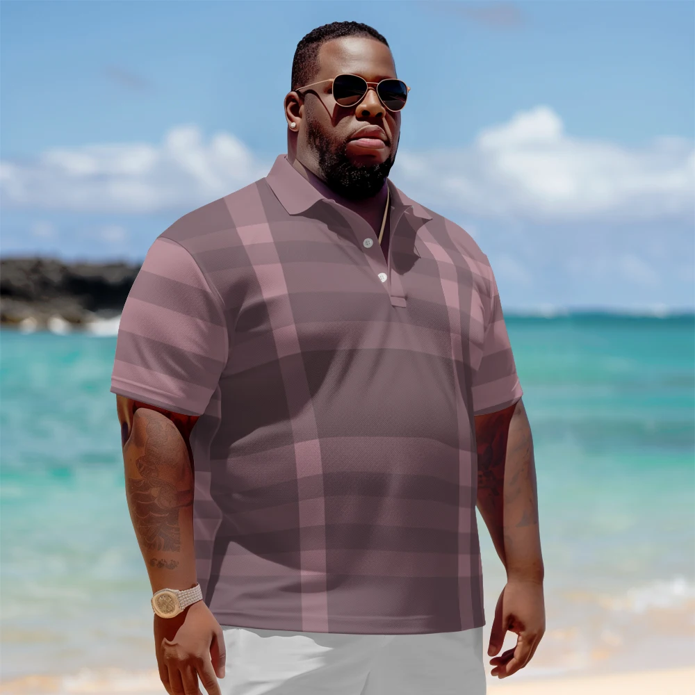 

1 men's plus size polo shirt with summer taro powder checkered print casual lapel button suitable for shopping and golf