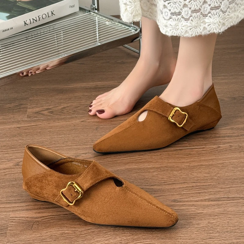 Luxury Faux Suede Designer Women Pumps Sexy Pointed Toe Buckle Comfortable Loafers Lightweight Soft Sole Outdoor Casual Shoes