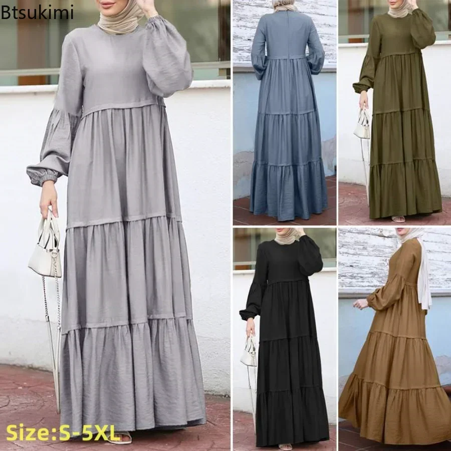 New 2024 Women\'s Casual Sun Dress Fashion Loose Muslim Dress Abaya Long Sleeve Islam Clothing Abayas Women Dubai Robe Oversized