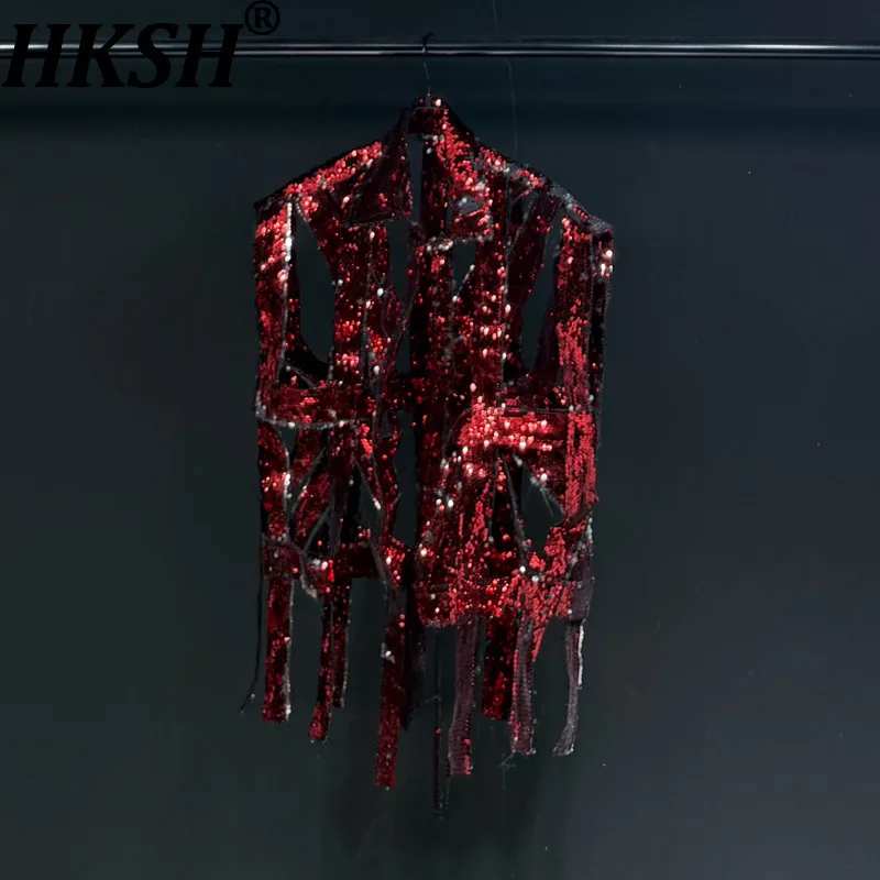 

HKSH Spring Autumn New Men's Chic Fashion Sequins Tassel Design Zipper Vest Trendy Performance Women Sleeveless Tank Top HK15218