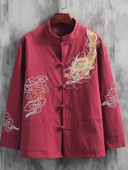 

Retro Artistic Red Dragon Embroidery Men's Jaet New Chinese Sle Clothing Trend Belted Top with Button Detail