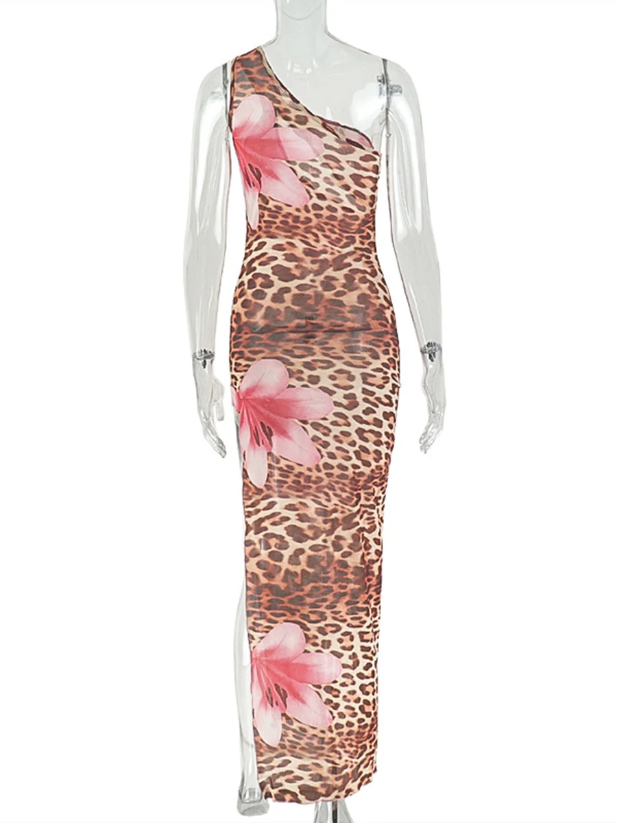 ZIML 夏ビーチスタイルセクシーなヒョウ柄ドレス女性のためのスクエアカラーノースリーブハイウエストカジュアルロングドレス女性新