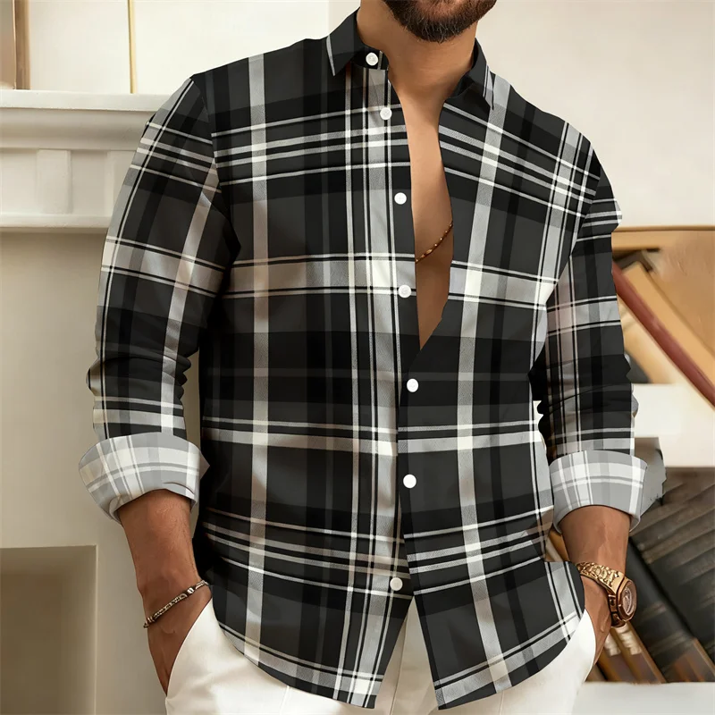 New Men's Black and White Checkered Long-Sleeved Shirt, Loose-Fitting, Casual, Breathable, Stylish, and Versatile Men's Top.