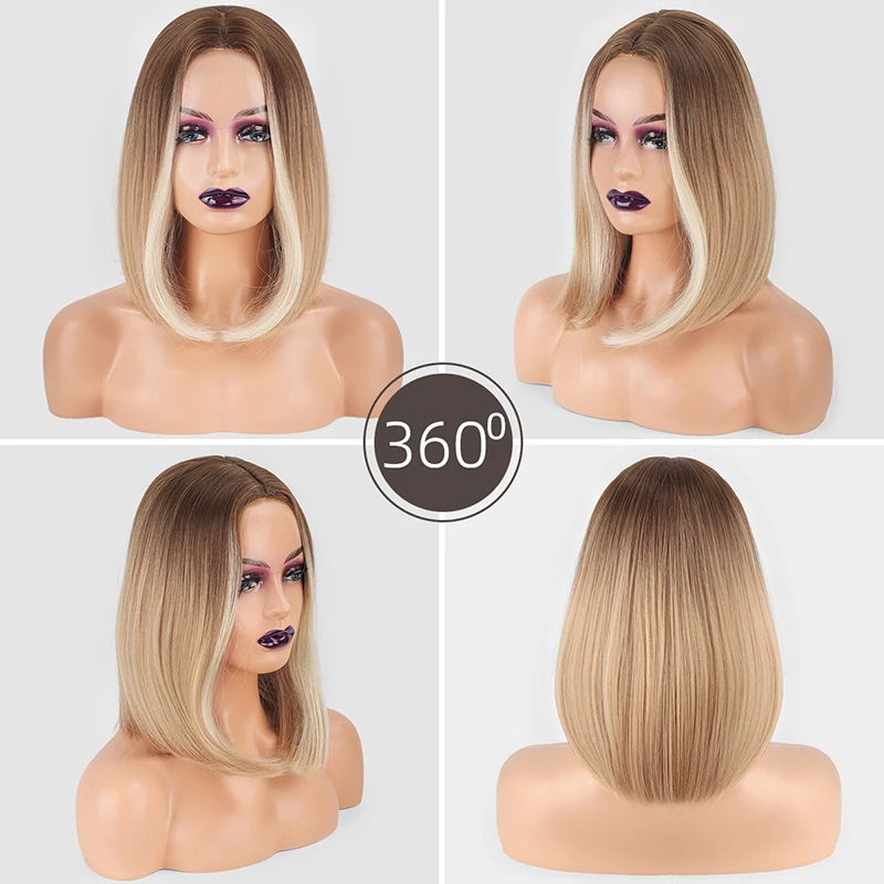Wig, female collarbone hair, Korean style pick dye, white linen brown, medium split short straight hair, synthetic fiber wig
