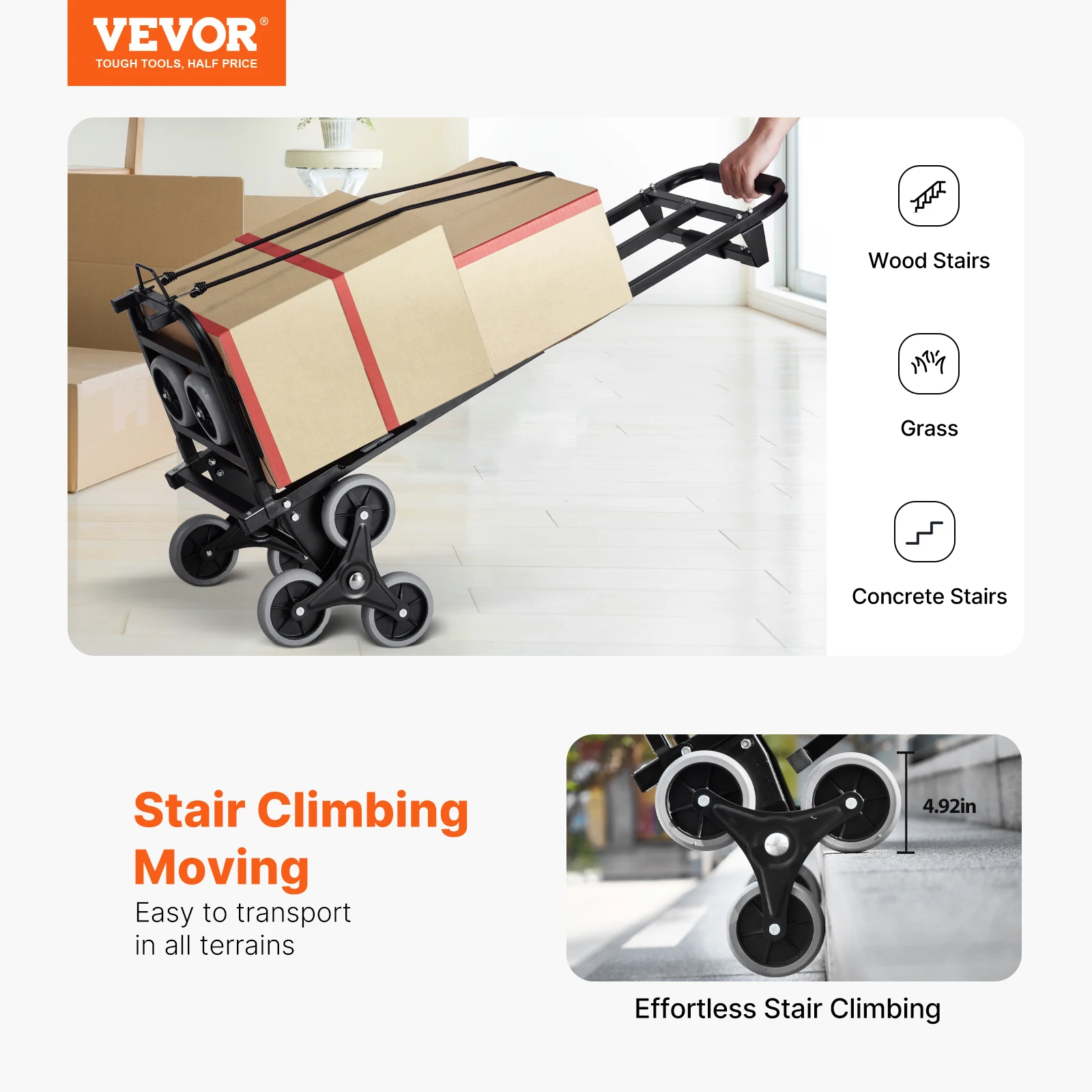 VEVOR 460 фунтов Тележка для подъема по лестнице Складная ручная тележка с ручкой, 6 колес и 2 эластичными веревками для покупок, переезда на складе