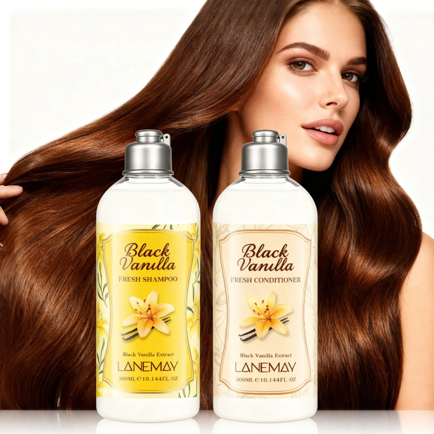 

Набор шампуня и кондиционера Black Vanilla | Уменьшает ломкость и укрепляет волосы, мягко очищает, 300 мл каждый флакон