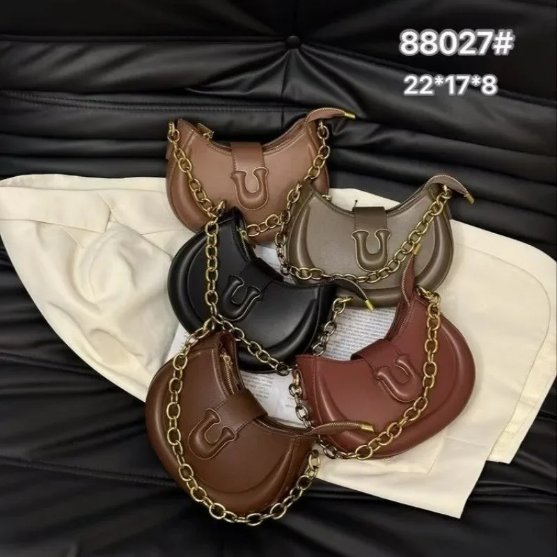 Bolso de media luna con diseño de moda para mujer, bolso de hombro con cadena grande, de cuero suave, clásico, tejido a mano, 2024