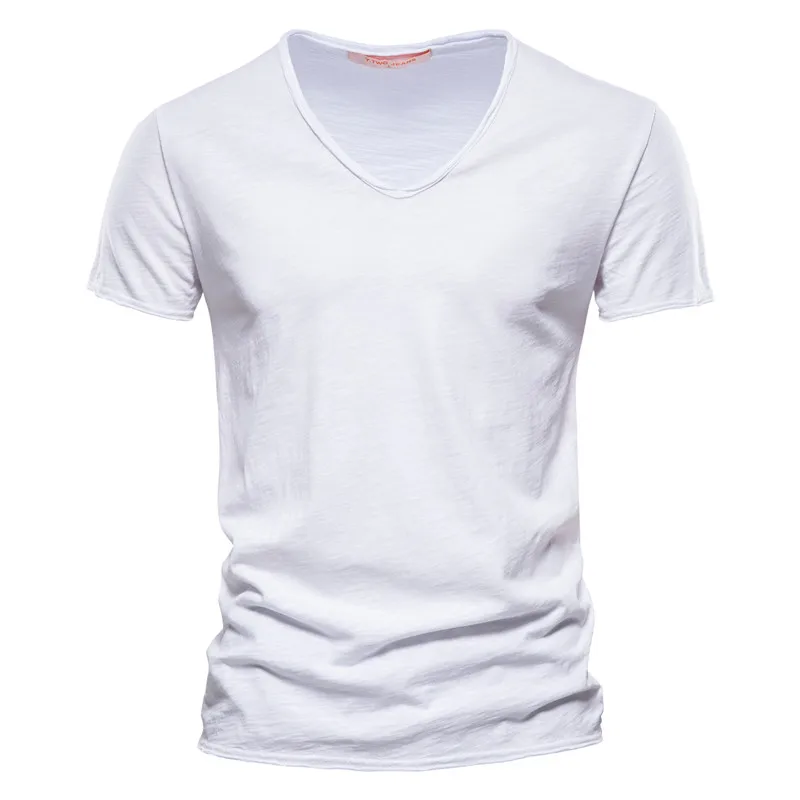 2025 White Cotton 100% Men T-shirt V-neck Fashion Design Slim Fit Soild T-shirts Male Tops Tees Short Sleeve T Shirt For Men