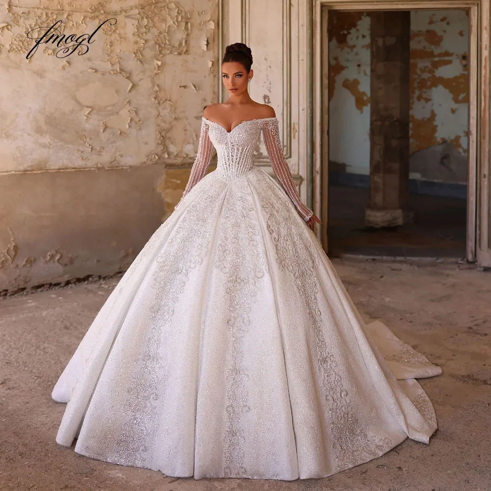 

Customized Off The Shoulder Shiny A-Line Wedding Dresses Lace Embroidery Stunning Vestido De Novia Chic Vintage Bridal Gowns