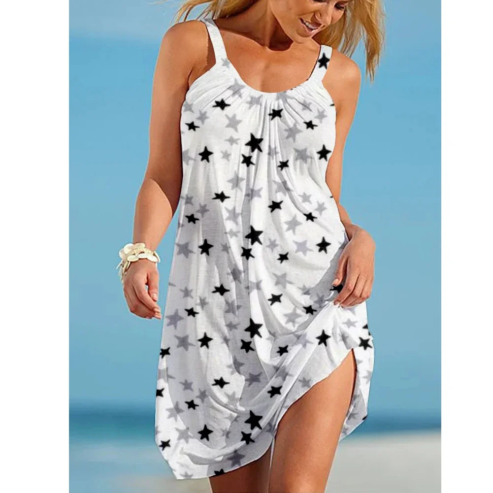 

2022 Street Star Print Suspender Loose Dress Women's Summer Beach Dress Fanshion Sexy Women'Wear Sleeveless A-line Party Dresses