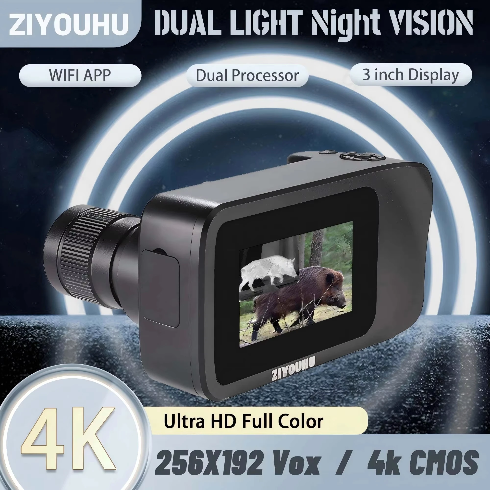 ZIYOUHU HD ضوء مزدوج كامل اللون للرؤية الليلية كاميرا تصوير حراري 3 بوصة شاشة نافذة للبحث الليلي