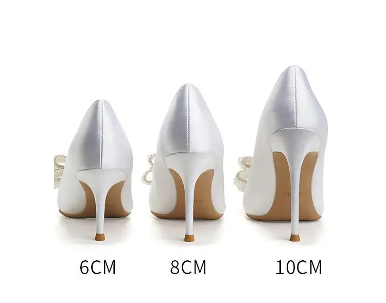Large Size 32-43 White Wedding Shoes Women Thin Heel Pointed Satin Pearls Bow Bridesmaid High Heels Dress Shoes - view 6