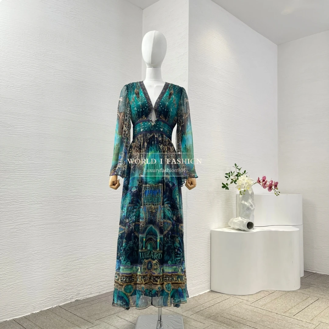 

2025 New Womens Dresses Green Black Long Sleeve Diamonds V Neck Midi Dress