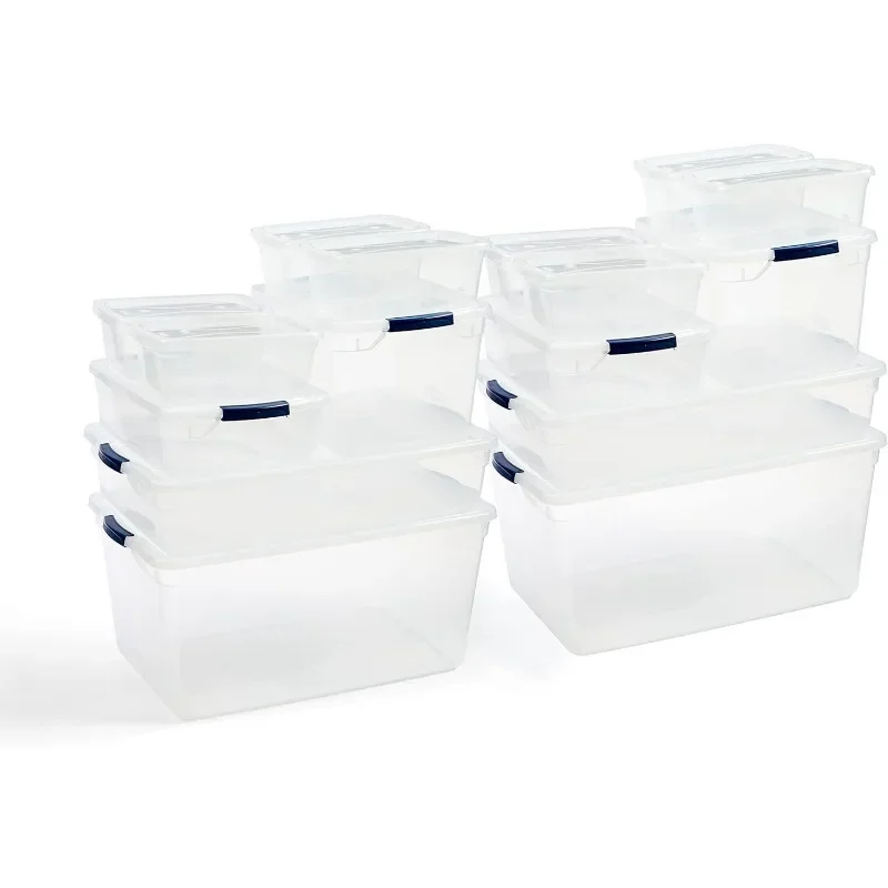 Cleverstore Clear Dorm Variety 16-Pack, Made in USA, Stackable Large Clear Storage Bins with Lids, See-Through Plastic