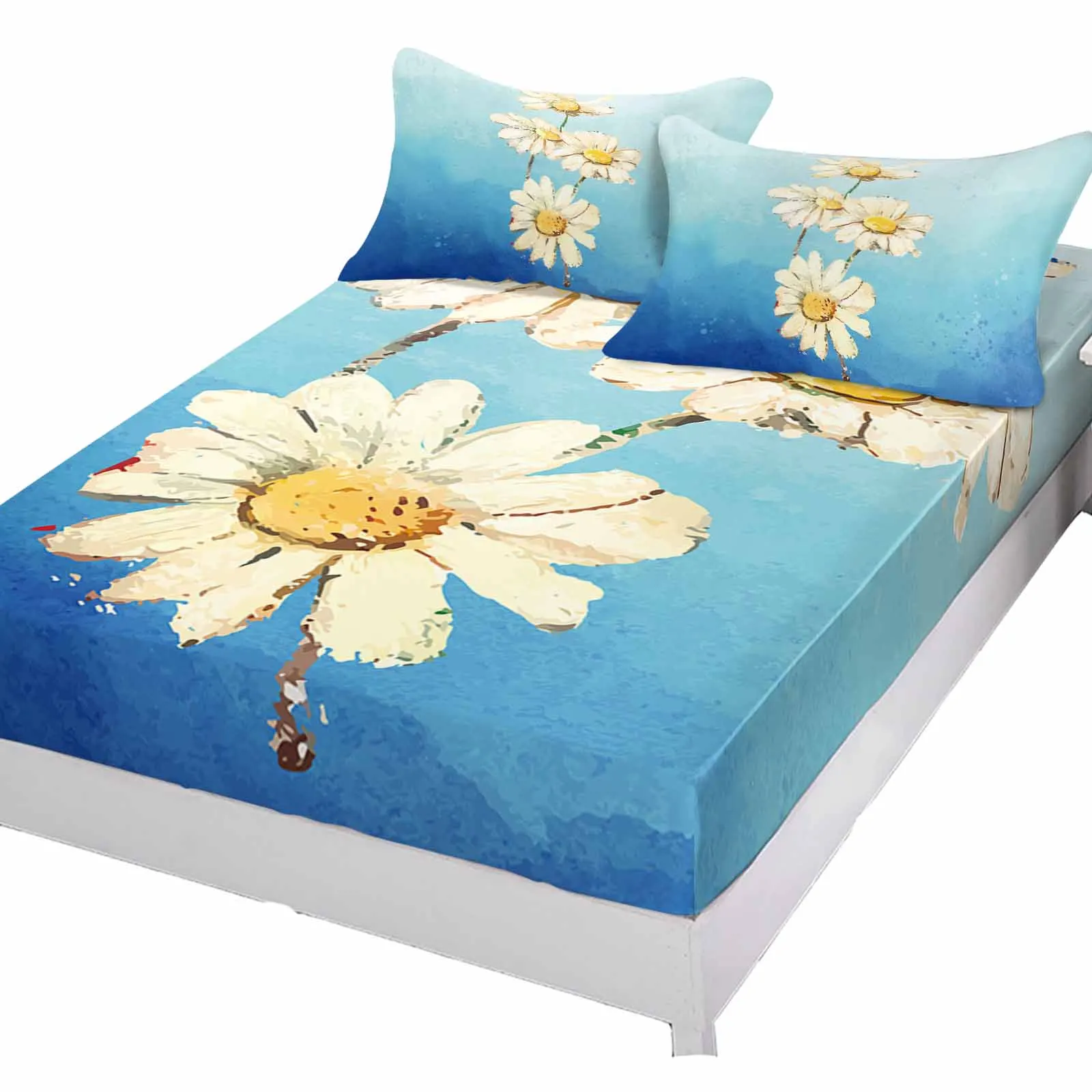 Daisy Flower Oil Painting Fitted Bed Sheet Cover Elastic Band Anti-slip Mattress Protector for Single Double King