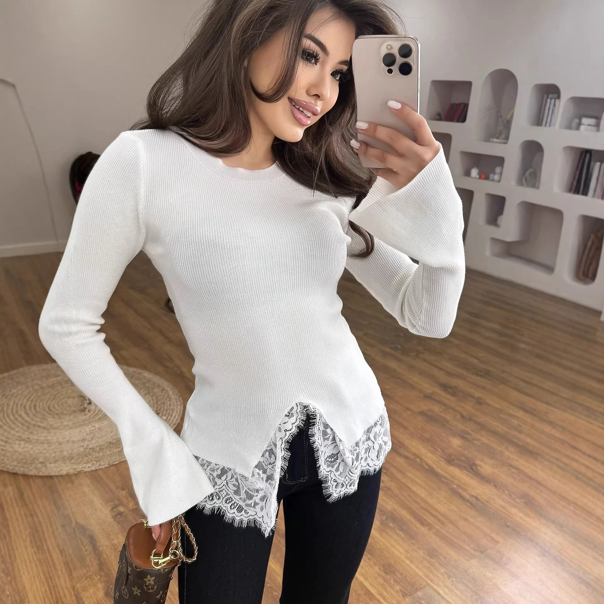 Women's Top 2026 Spring Autumn New Round Neck Long Sleeve Lace Patchwork Hem Solid Color Casual Versatile Slim Fit Daily Top