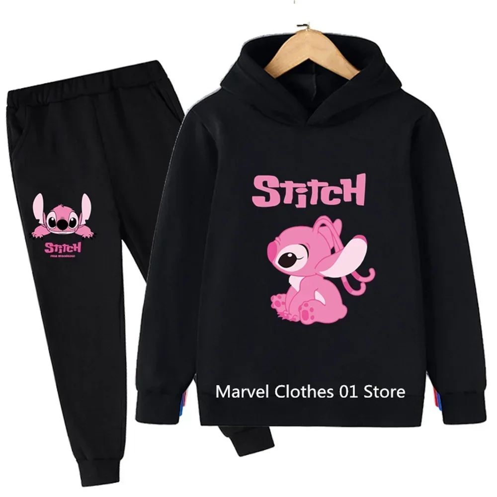 Kawaii Pink Stitch Hoodie Set Kids 2-13 Years Suit Boys Tracksuits Kids Brand Sport Suits Stich Sweatshirt Tops +pants 2pcs Set