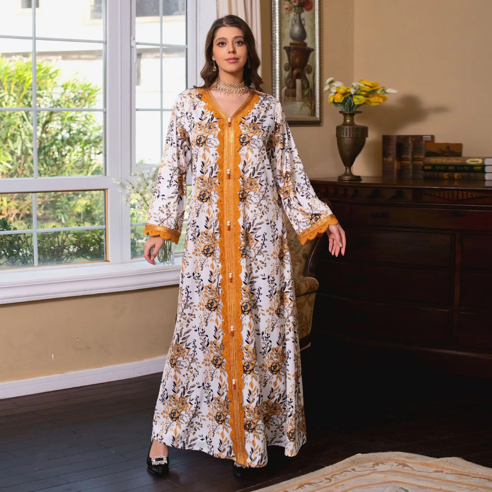 

Ramadan Ethnic Printed Long Dresses Floral Embroidery Guipure Lace Panel Party Dress Islam Muslim Women Clothing 2024 Spring