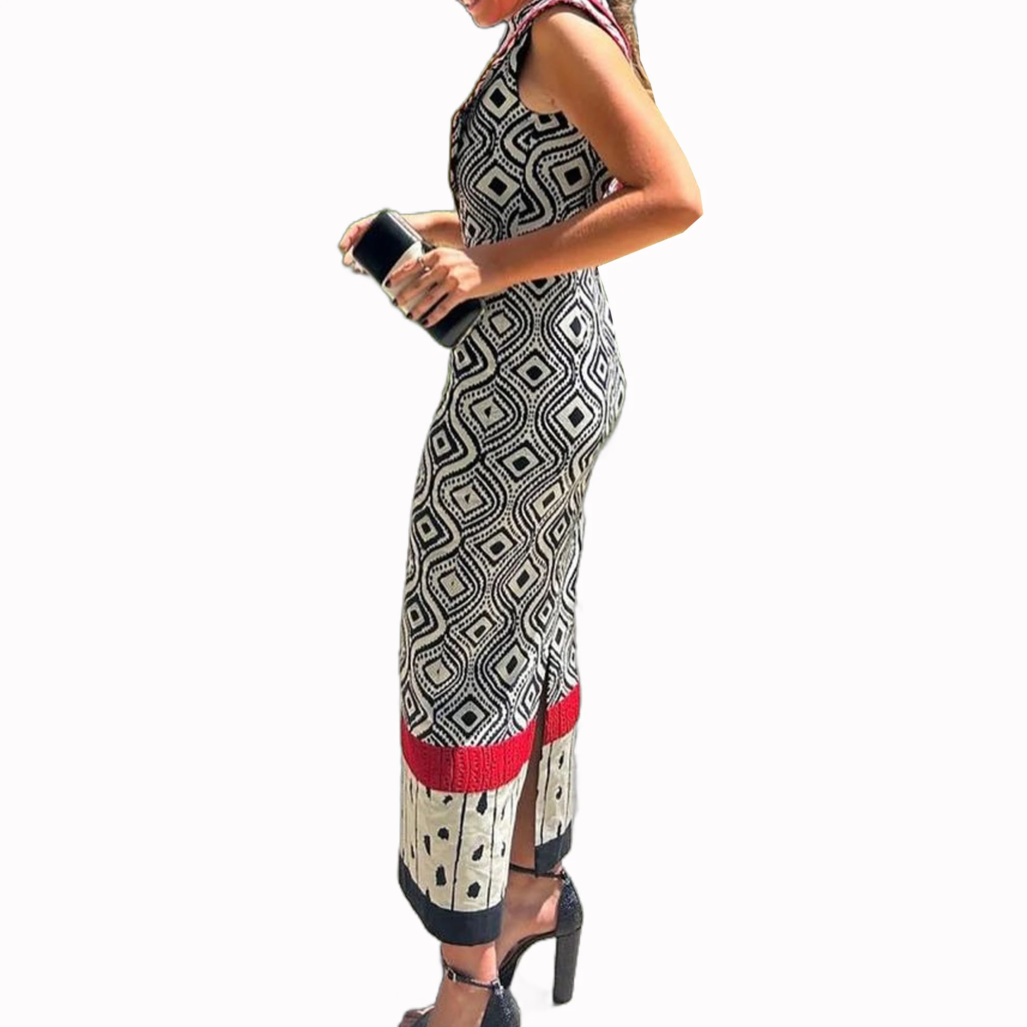 Women\'s Printed Round Neck Design Dress Slimming and Versatile Midi Long Skirt New Design