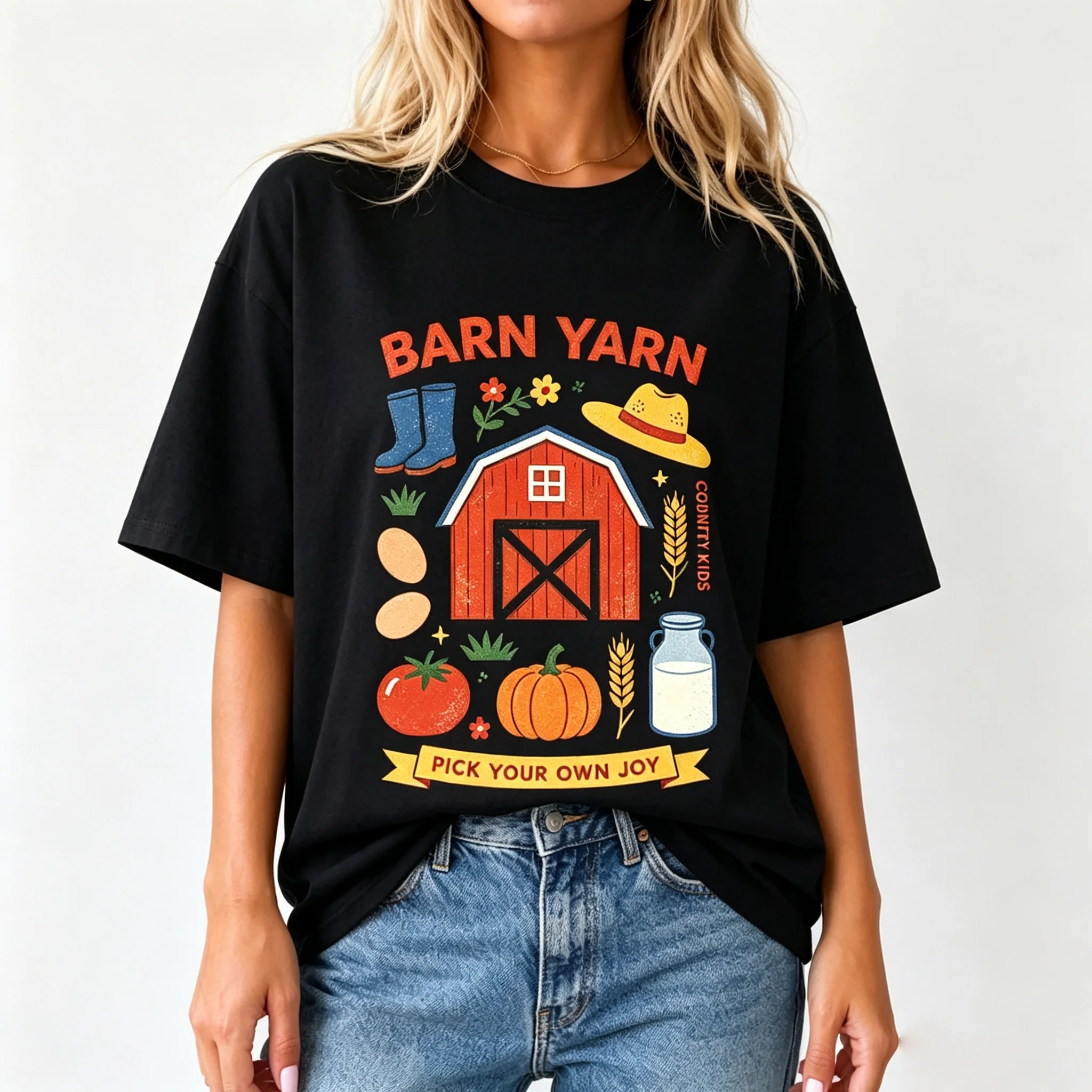 Barn Yarn Farm Barn Pumpkin Tomato Milk Boot Hat Country Harvest Graphic T Shirt Pick Your Own Joy Short Sleeve Casual Tee