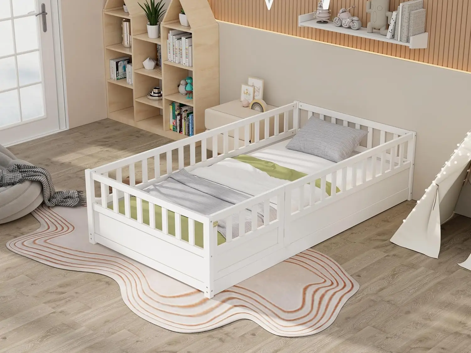 Twin Size Montessori Floor Bed, Solid Wood Playhouse Bedframe with Safety High Fence for Kids, Girls, Boys, Bedroom, Playroom