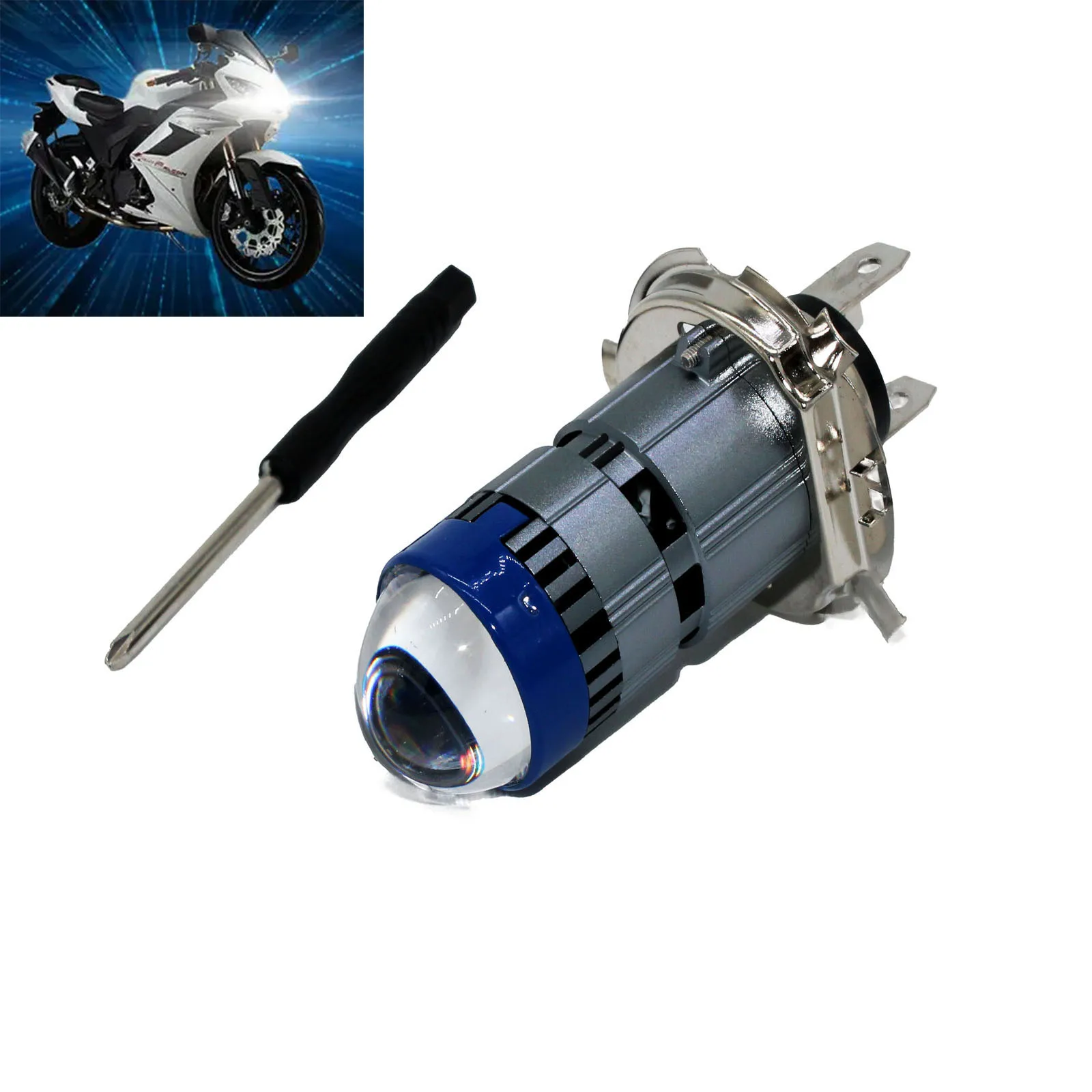 Motorcycle Headlight Hi/Low beam LED Bulb with Universal H4 3000lm 6000K Mini Projector Lens Adapter