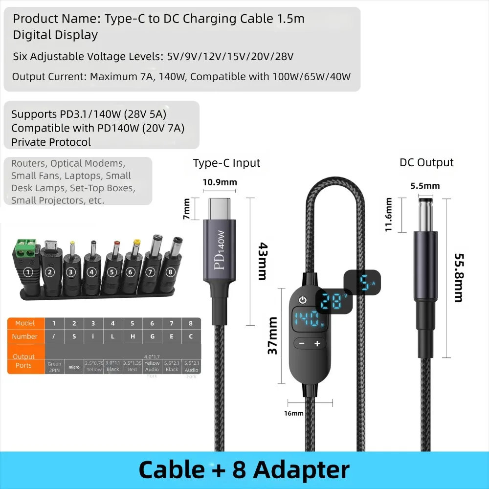 Digital Display USB C to DC PD Adapter Cable 5V/9V/12V/15V/20V with 28/34 Connector Tips Power Converter Adjustable Voltage