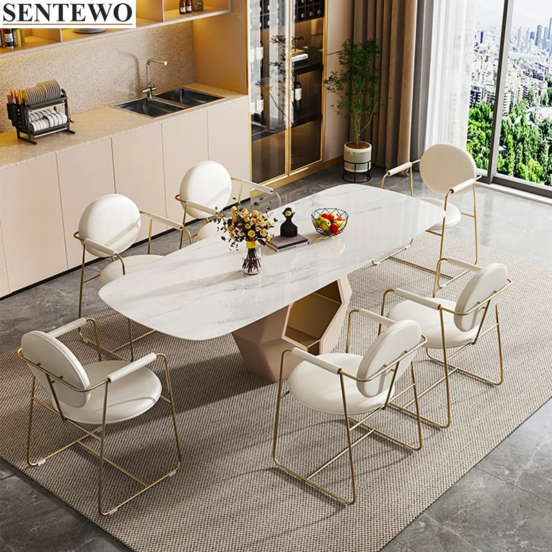 Luxury Rock Slab Dining Room Table 8 Chairs Set Stainless Steel Gold Frame Faux Marble Table Furniture Mesa Comedor Y Sillas